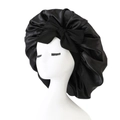 Black satin sleep bonnet featuring a large bow detail for hair care on a mannequin - Medium Single Layer Cross Ribbon / Black