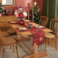 Modern festive Christmas table runner with red holly and bell prints on wood table - Printed Red Base Candy Cane