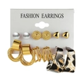 6-pair set of gold alloy earrings with pearls and leopard print on a display card - 6 Pairs Set / Leopard Print Gold