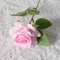 Pink artificial velvet rose stem with realistic leaves on white knit background - Elsa Pink Center