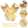 Elegant gold satin bridal gloves with delicate pearl charms and elastic texture - One Size / Gold
