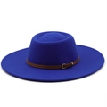 Detail of royal blue wool felt hat featuring a brown leather strap and metal buckle - M (56-58cm) / Sapphire Blue