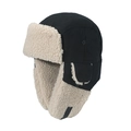 Gorro de aviador de invierno para hombre con tela negra y forro de lana de cordero blanca - M (56-58cm) / Negro