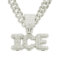 Macro detail of silver hip hop Cuban chain with sparkling iced-out ICE letter pendant - 50cm Cuban Chain Set / Silver