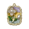 French vintage enamel floral pendant with white flower and pearl inlay in golden frame - Purple-Yellow-Green Three-Tone Square Flower Leaf-22118