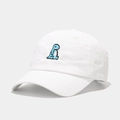 Close-up of a white cotton baseball cap featuring detailed blue dinosaur embroidery on front - M (56-58cm) / White