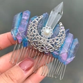 Handmade silver hair comb with blue aura quartz crystals and hollow crescent moon detail - Hair Comb / Pale Blue