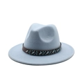 Detail of light blue fedora hat featuring a brown leather ethnic patterned decorative band - Sky Blue