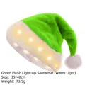 Green plush glowing Christmas hat with warm LED stars, size 35x48cm and 73.5g weight - Long Plush Green With Warm LED