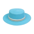 Bright blue wide brim straw hat with elegant pearl and gold chain band decoration - Artificial Pearl Gold Chain Style (299C)