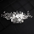 Silver bridal hair comb with white ceramic flowers, pearls and sparkling rhinestones - Silver Ceramic-Look PVC Flower Artificial Pearl Hair Comb (HS-J5434)