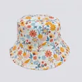 Close-up of vibrant floral print and reinforced stitching on a white cotton bucket hat - M (56-58cm) / Orange Blue Yellow Floral (27#)