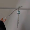 Elegant silver hair stick with green jade pendant and long tassels for traditional updos - F0302 Peace Buckle