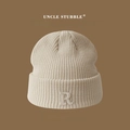 Winter thick knitted beanie in cream white with 3D letter R embroidery and folded cuff - R Label-Beige