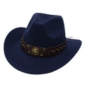 Classic dark blue western cowboy felt hat with brown leather band and gold horseshoe buckle - Navy Blue