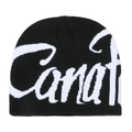 Close-up of black knitted beanie featuring white jacquard script lettering and fine texture - M (56-58cm) / Black & White