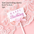 Pink ribbon bow cake topper with Happy Birthday text and customizable writing space - Small Bow Flag Topper - Pink Text (356)