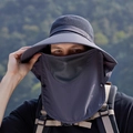Men's outdoor dark grey sun hat with wide brim, breathable face mask and neck flap - Gray