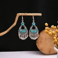 Bohemian silver drop earrings featuring turquoise beads and vintage metal tassels - E2437-1 Blue Hollow Crescent
