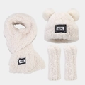 Cremefarbenes Winter-Set mit Kunstfell-Pompons, Schal und Handschuhen mit LOVE-Patch - Beige