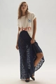 Detailed view of long navy blue lace skirt with hollow-out jacquard floral patterns - S / Navy Blue