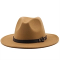 Detail of camel wool fedora hat featuring black leather band and gold circular buckle - M (56-58cm) / Camel