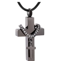 Black stainless steel double cross urn necklace for ashes with sparkling rhinestone accents - Black