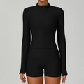Three-piece black ribbed yoga set featuring a zip-up long sleeve top and slim-fit shorts - S / Jacket + Shorts / Premium Black