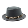 Detailed view of dark grey wool felt pork pie hat featuring a chunky gold metal chain - M (56-58cm) / Gray