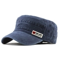Detail of washed navy flat top military cap with embroidered side label and air vents - Adjustable / Navy Blue