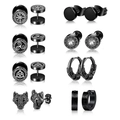 Set of 8 pairs matte black stainless steel earrings with Viking and Celtic knot designs - Black Nordic Viking Wolf Head Set (36031)
