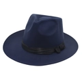 Close-up of navy blue felt fedora hat featuring a black silk ribbon and bow detail - Navy Blue