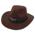 Detail of brown felt cowboy hat with leather band and metal bull head accessory - Adult (56-60cm) / Coffee (Bull Head + Black Band)