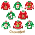 Set of 8 colorful ugly sweater Christmas tags with Santa and reindeer designs - Christmas Sweater Hanging Tags And Hemp Rope