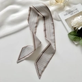 Narrow silk twilly scarf with black and white stripes and brown edges for hair and bags - Champagne Line