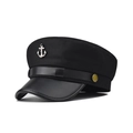 Black nautical sailor hat with silver anchor badge and leather brim for women - M (56-58cm) / Classic Style (经典款黑色)