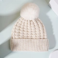 Unisex warm cream white knit beanie with waffle texture and large fluffy pompom - One Size / Creamy White