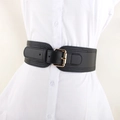 Elastic black wide waist belt with gold buckle on a white shirt dress for women - Black