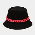 Close-up of black cotton bucket hat with a stylish chunky pink plastic chain detail - Black / M (56-58cm)