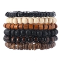 Handmade 6-piece wooden bead and coconut shell bracelet set in multi-layer bohemian style - Multicolor