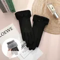 Gants en daim noir pour femme avec bordure en fourrure et doublure chaude pour l'hiver - Taille unique / Bordure Fausse Fourrure Trois-Lignes Noir (Doublé Peluche)
