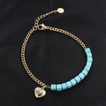 Vintage stainless steel bracelet featuring turquoise beads and a gold heart pendant charm - Heart Blue Square Beads Splicing Chain B02015G-4