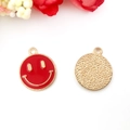 Detail view of red enamel smiley face pendant and golden metal back for DIY jewelry making - Large 16x19mm / Red