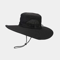 Dettaglio del cappello da sole nero con rete traspirante e tesa larga cucita forte - Taglia unica / Nero