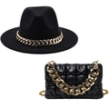 Detail of black fedora hat and pleated chain handbag set with bold gold metal accents - M (56-58cm) / Black