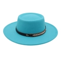 Detail of turquoise flat top felt hat with leather band and silver diamond ornament - Lake Blue