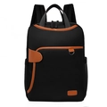 Minimalist black nylon laptop backpack with brown trim and multiple storage pockets - 74 Black