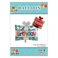 Palloncino in alluminio a forma di regalo blu con pois colorati e scritta Happy Birthday - Grande torta regalo / 90x86cm