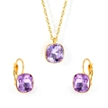 Golden necklace and earrings set with large square purple cubic zirconia stones - Gold-Purple Crystal