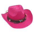Detailed view of hot pink Western straw hat with ethnic beaded turquoise band - Rose Red